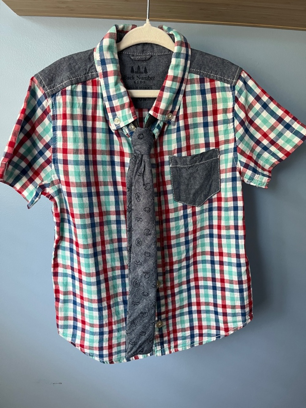 Boys Plaid Button-Up Shirt with Chambray Details - Red Blue Green